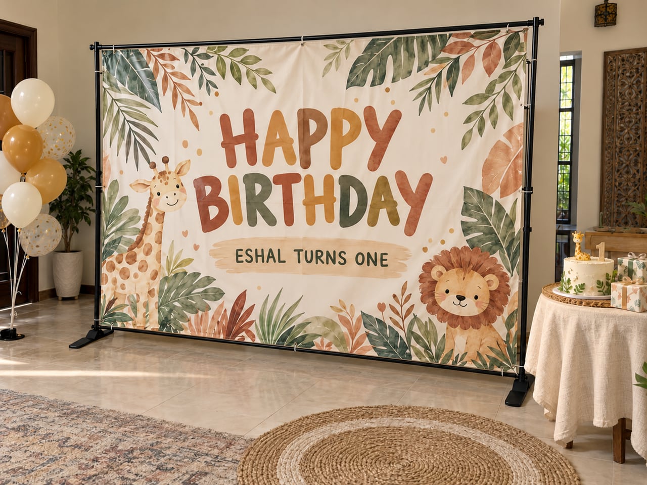 Safari-themed birthday banner on an adjustable black stand