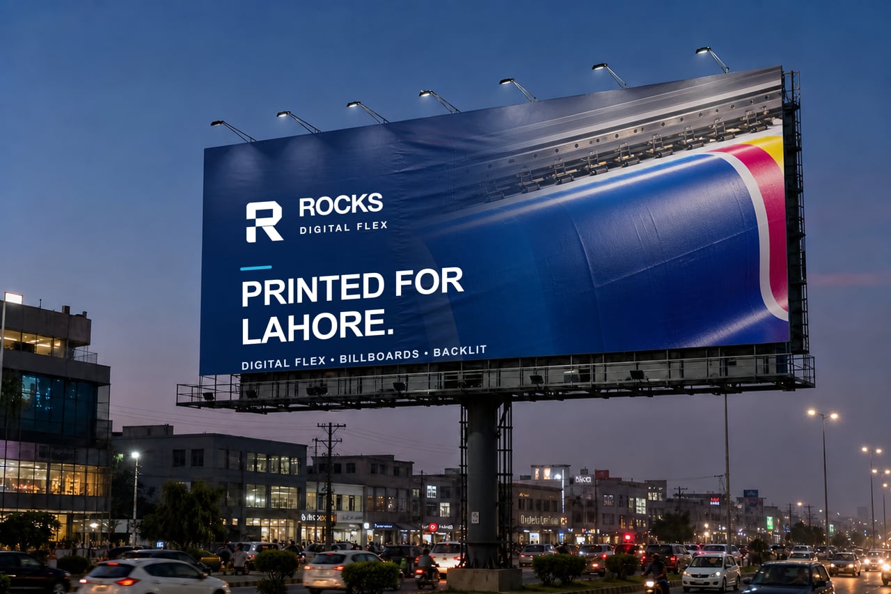 A Rocks Digital Flex campaign printed on a large illuminated flex billboard above a busy Lahore commercial road