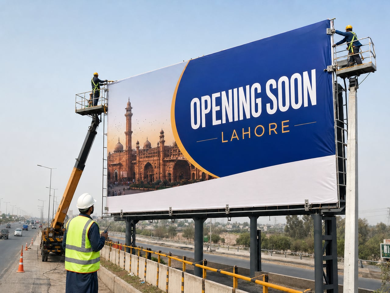 A trained crew safely tensioning a large Opening Soon printed flex face on a roadside billboard