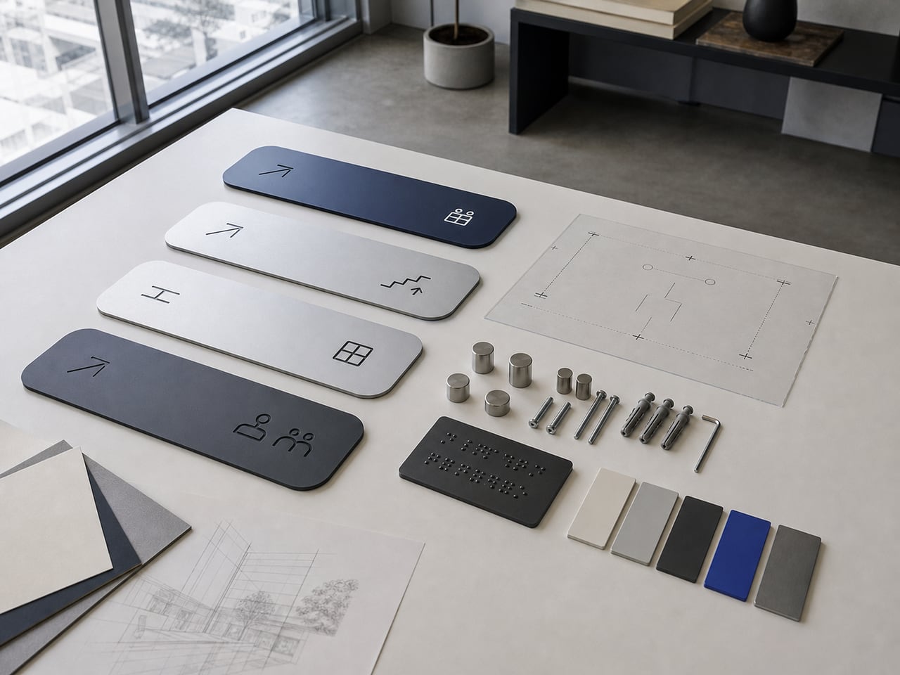 Wayfinding panels, mounting hardware, and tactile samples arranged for production review