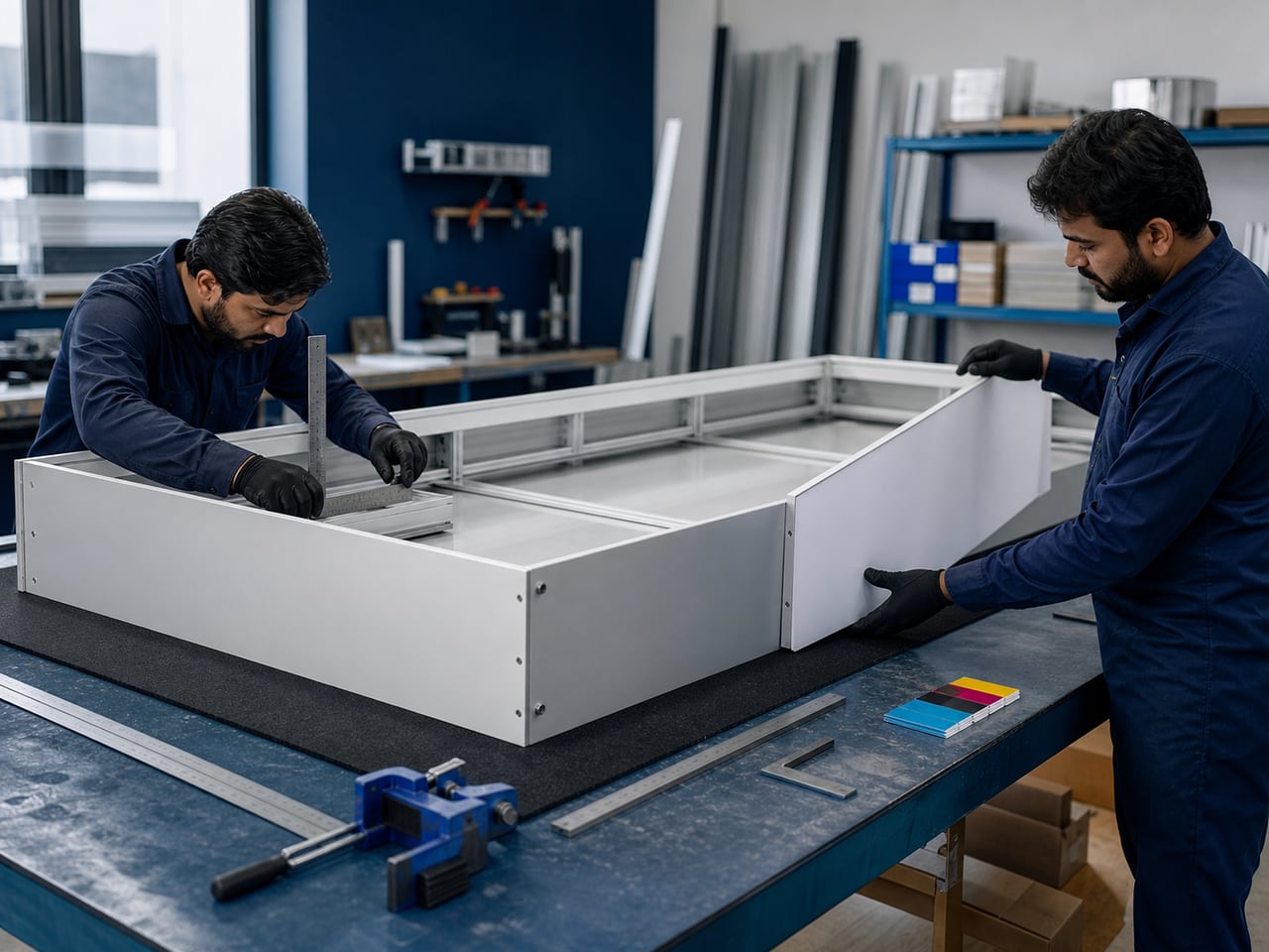 Pakistani fabricators assembling a backlit flex sign frame on a workshop bench