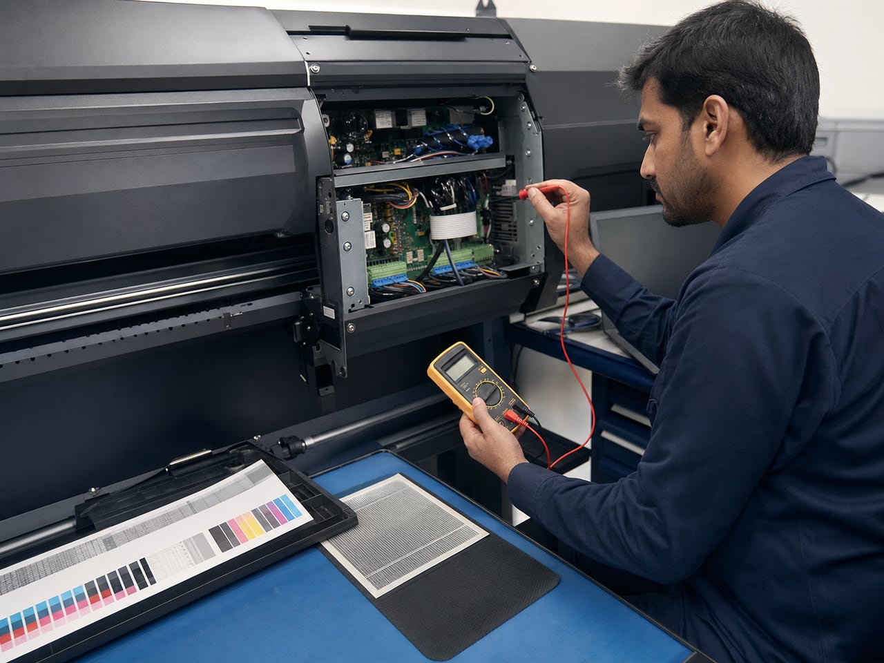 A technician carrying out controlled diagnostics on a powered-down large-format printer