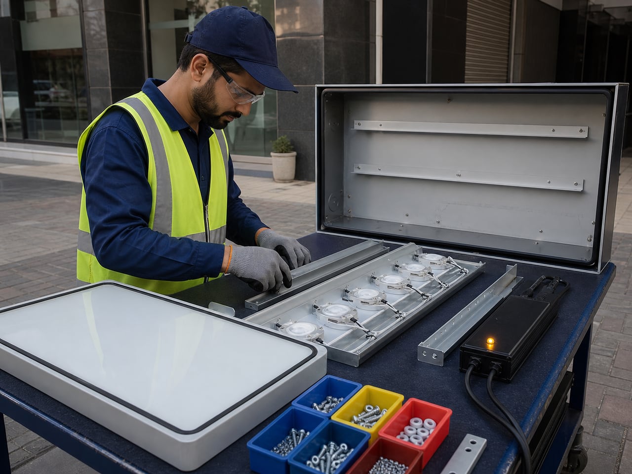 A technician servicing isolated lighting components from a removed blank sign face