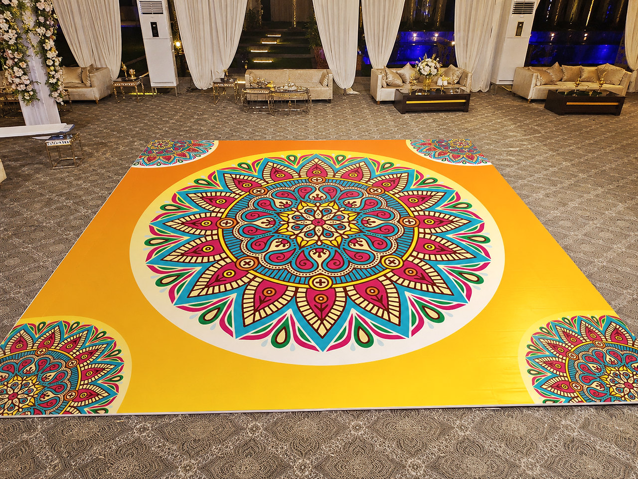 Colourful circular dance-floor print design