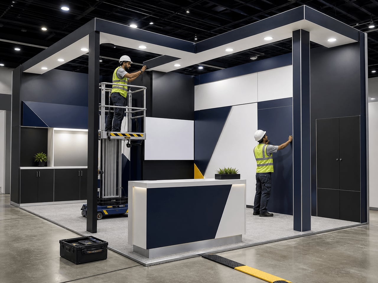 A professional exhibition booth during final installation in a bright event hall
