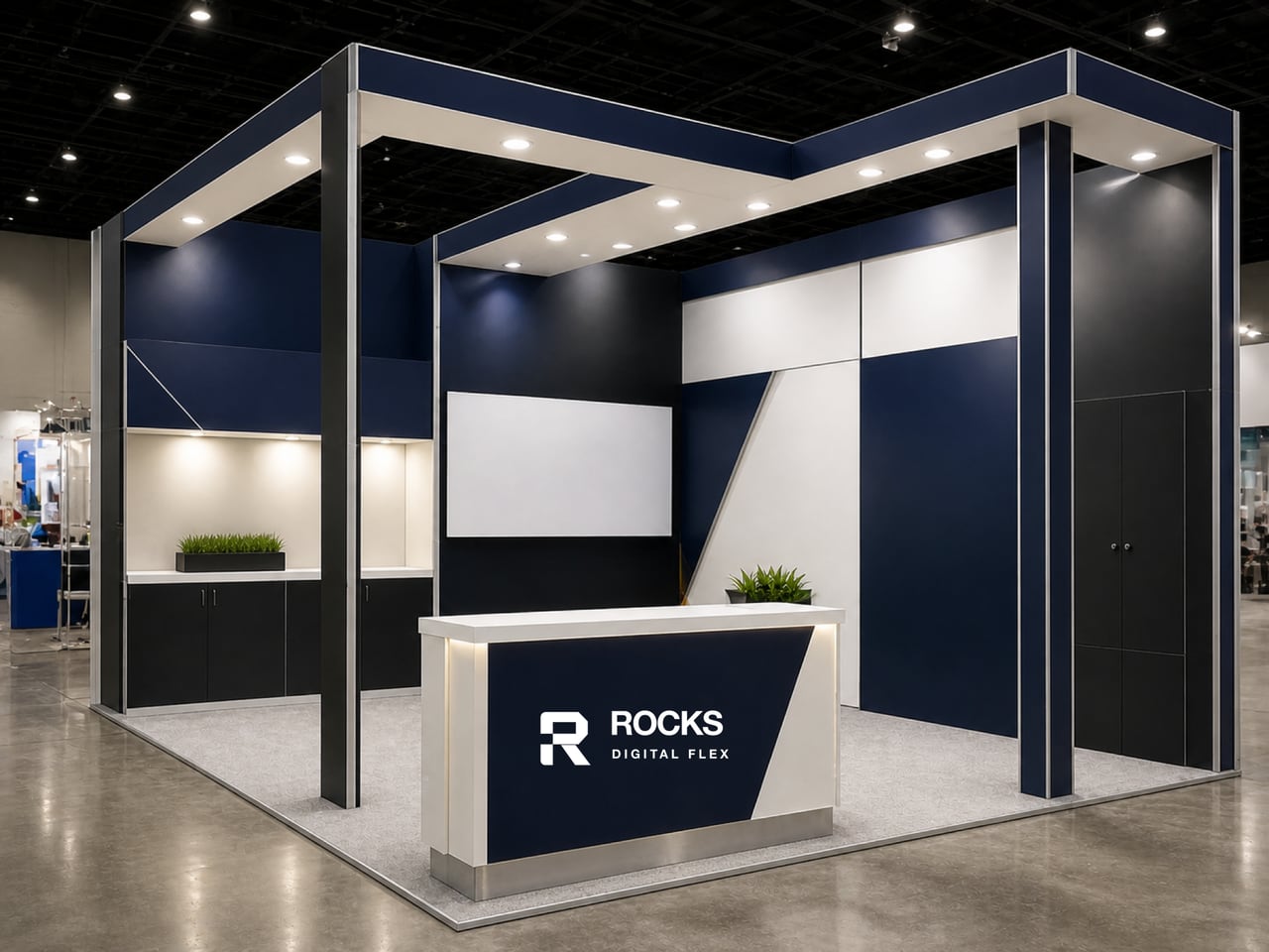 A Rocks-branded modular exhibition booth in a bright event hall