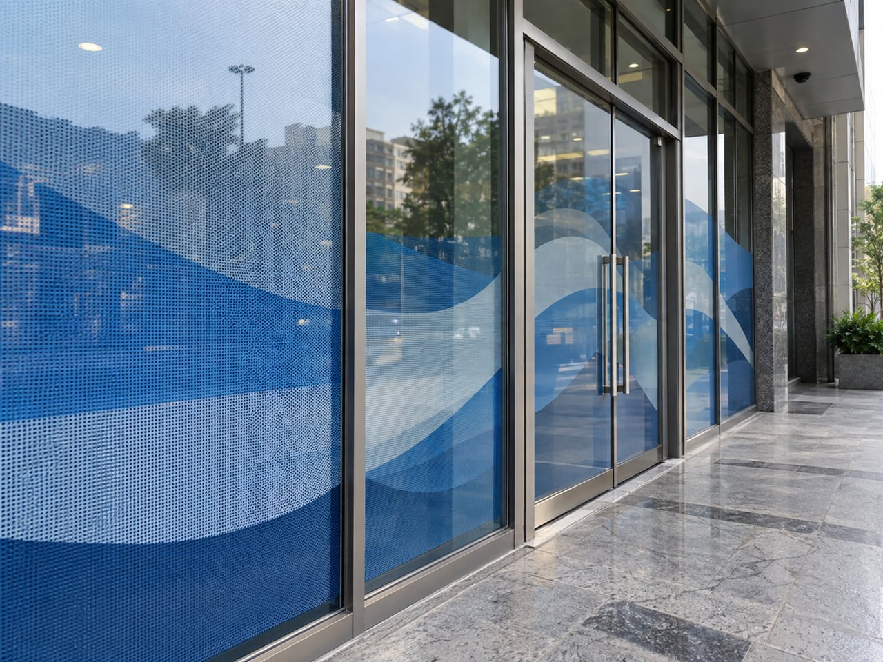Illustrative blue and white perforated window graphics on office glass doors and windows