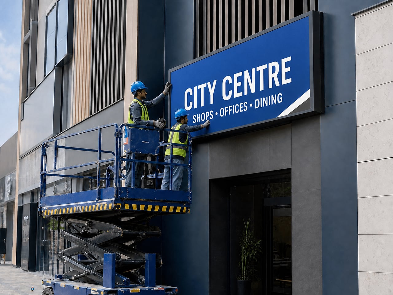 Technicians installing a printed City Centre flex sign on a commercial building