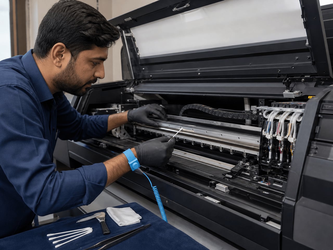 A technician servicing a large-format printer carriage and ink system