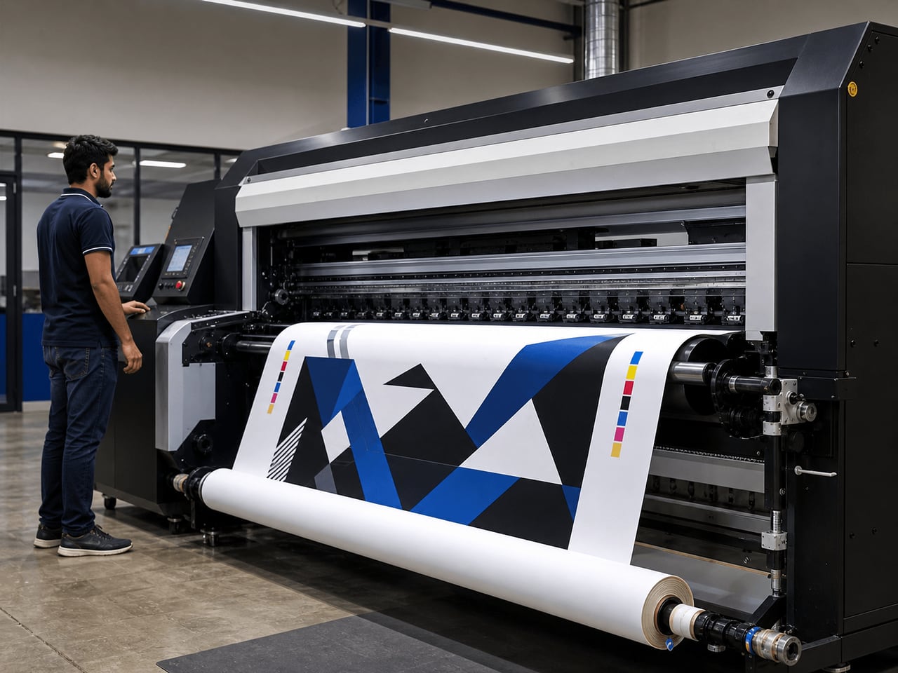 A large-format printer producing a crisp abstract flex graphic in a tidy workshop